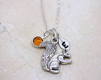 Collar de ardilla, collar de ardilla de plata personalizada, piedra de nacimiento y collar de ardilla inicial, buen regalo para la naturaleza y los amantes de los animales