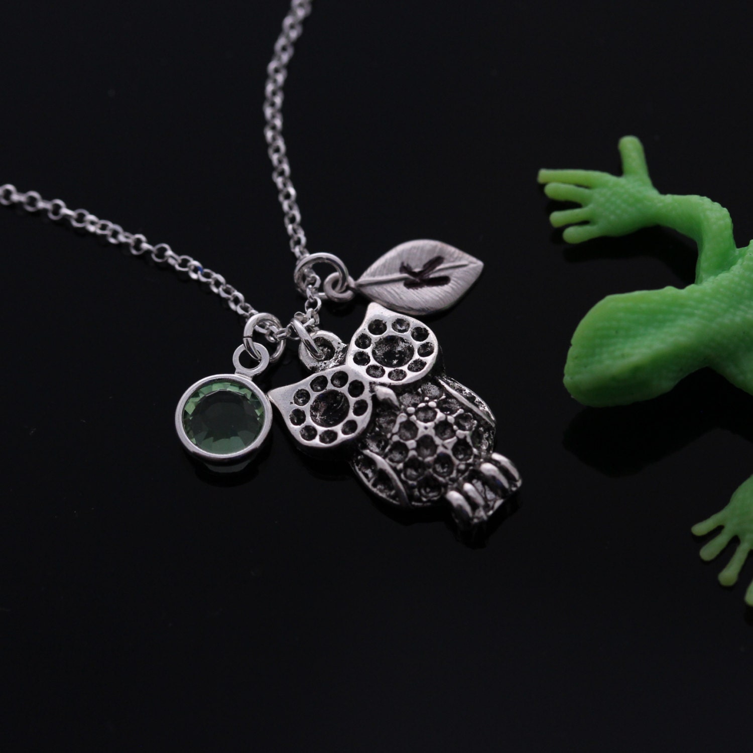 Small Owl Necklace, Personalized Silver plated Owl Charm Necklace, Birthstone And Initial Necklace