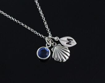 Collar de concha, Collar de concha personalizado, 925 Concha de plata de ley Colgante, con inicial y piedra de nacimiento, concha de plata de ley Rx159