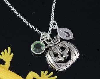 Silver Pumpkin with birthstone and initial necklace, Halloween Silver Personalized Necklace, Halloween Jewelry, Spooky necklace
