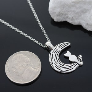Cat Moon necklace, silver cat and the moon necklace, cat and the moon necklace on sterling silver chain