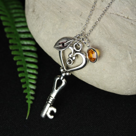 Personalized Heart Shaped Key Necklace With Initial and Birthstone. Key to My Heart Necklace. Custom Silver Key Necklace. Key Necklace Etsy