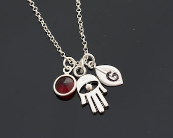 Collar de Hamsa con iniciales y las piedras en la cadena de plata esterlina, collar de hamsa Yoga, collar de protección