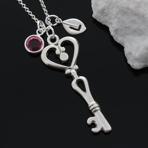 Beautiful Heart key Necklace on Sterling Silver Chain, Personalized Key Necklace With Your Birthstone and Initial, Key Jewelry.