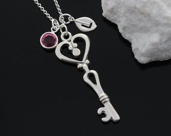 Clave de corazón hermoso collar en cadena plata esterlina, personalizado llave collar con su piedra e inicial, joyería de la clave.