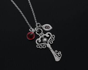 Hermoso collar clave, elegante collar de llave de plata, collar de llave personalizada, piedra inicial clave collar, las madres, cumpleaños.