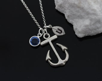 Personalizada collar ancla inicial elegir y piedra, ancla collar en cadena de plata esterlina, joyería del collar del ancla plata