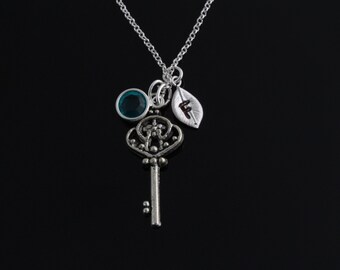 Personalized initial birthstone key necklace, Beautiful key necklace, Flower key necklace, silver key necklace, key birthstone initial