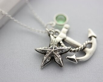 ancla, estrella de mar y piedra collar - collar de piedra natal - collar personalizado