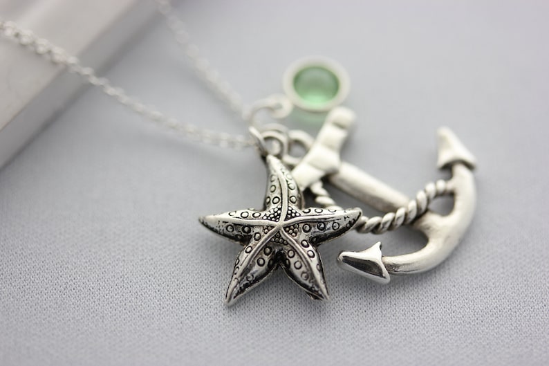 Anchor Starfish and Birthstone Necklace Birthstone Necklace Etsy