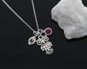 Collar de búho, collar de búho de plata personalizada birthstone joyería inicial collar