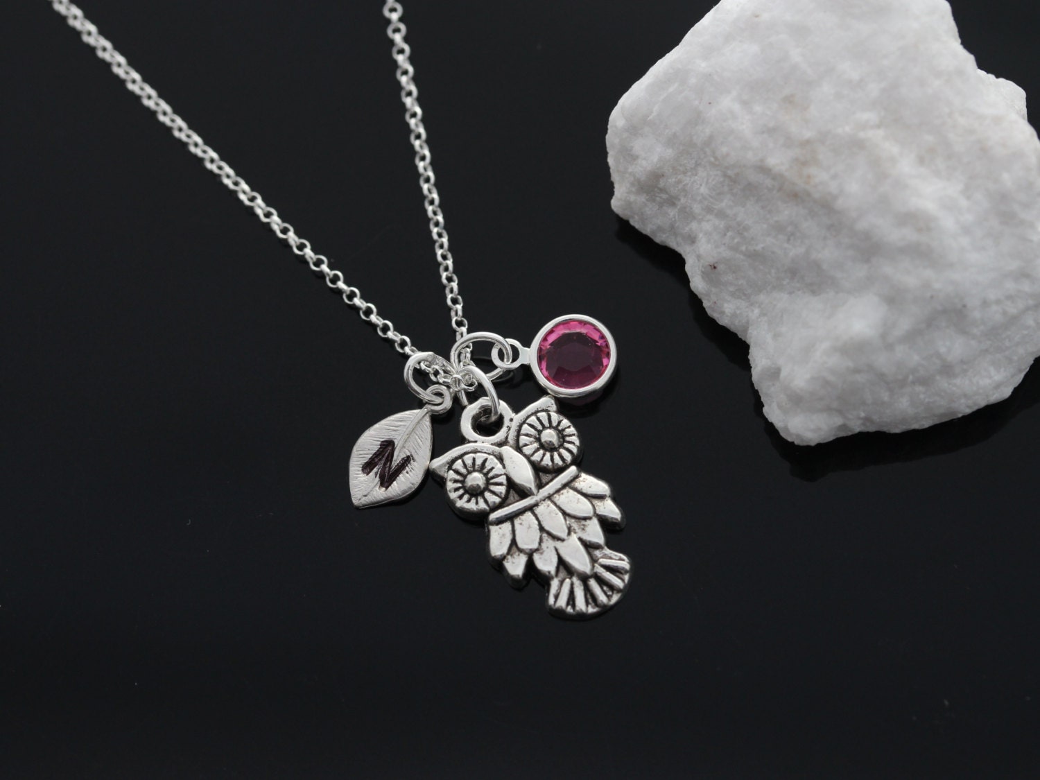 Owl necklace, personalized silver owl necklace, birthstone jewelry initial necklace