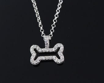 Collar con hueso de perro en plata de ley y circonita cúbica. Colgante de hueso de perro en plata. Collar con colgante de hueso de perro en plata. Joyería con hueso de perro. RX204