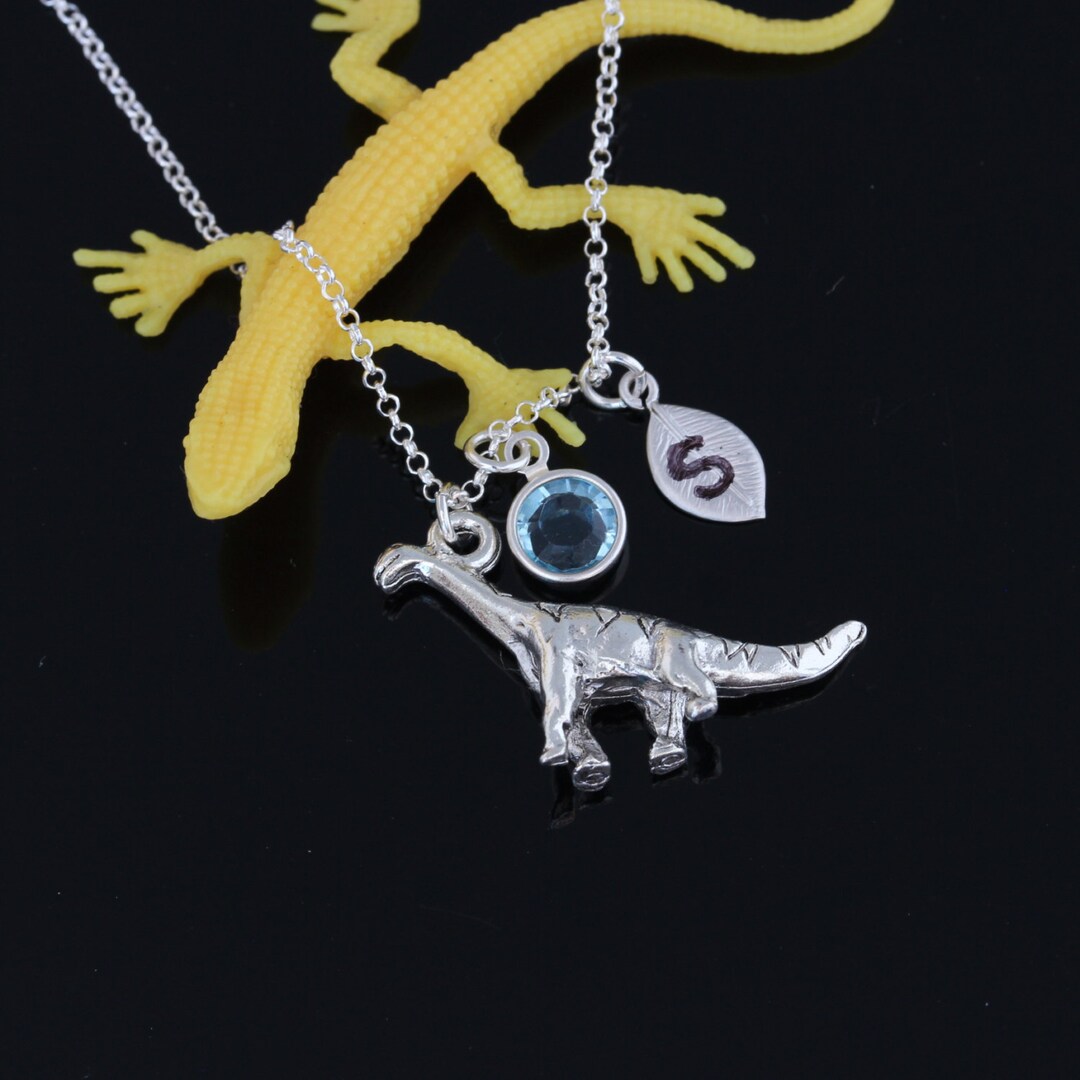 Silver Dinosaur Necklace Birthstone Necklace 3D Dinosaur Necklace