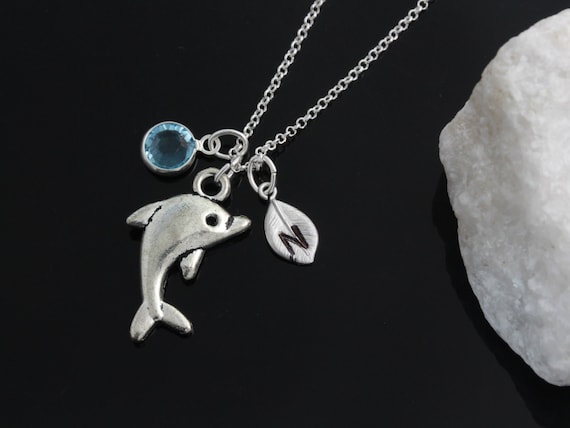 Dolphin Necklace Personalized Silver Dolphin Necklace Birthstone Jewelry Initial Necklace Dolphin Necklace on Sterling Silver Chain Etsy