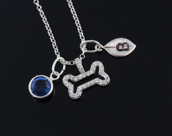 Espumoso perro hueso collar de hueso de perro personalizado collar, perro de plata esterlina 925 hueso colgante, la elección inicial y piedra, RX204