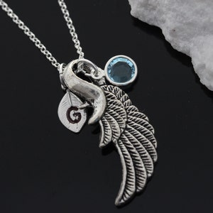 Angel Wing, Personalized Silver Plated Wing Necklace with Initial & Birthstone, Angel Wing on Sterling Silver Chain