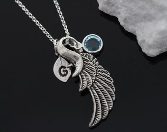 Angel Wing, Personalized Silver Plated Wing Necklace with Initial & Birthstone, Angel Wing on Sterling Silver Chain