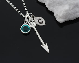 Flecha, collar de flecha personalizado con inicial de piedra de nacimiento, collar de flecha con cadena de plata de ley, joyería de flecha. Joyería inspirada en celebridades.