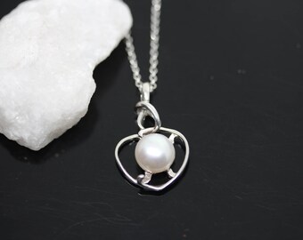 Pearl and sterling silver heart charm necklace, Sterling silver chain, Pearl jewelry, Heart jewelry, Pearl pendant on Sterling silver chain