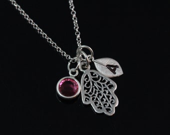 hamsa hand Necklace, Personalized hamsa hand Necklace, 925 Sterling silver hamsa hand Pendant, Choose initial and birthstone, hamsa hand