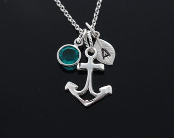 Sterling Anchor Necklace, Personalized Anchor Necklace, 925 Sterling silver Pendant and chain. Choose Initial birthstones, Anchor Jewelry