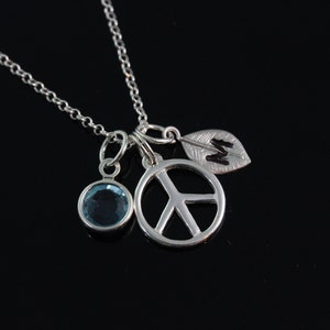 Peace sign Necklace, Personalized peace sign Necklace, 925 Sterling silver peace Pendant and chain Choose initial and birthstone, peace sign