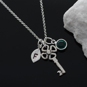 Clover key necklace. Personalized key Necklace with Sterling Silver Chain, Personalized Antique Silver Key Necklace. Good luck necklace