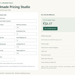 Preiskalkulator für Handgemachtes | Offline-HTML-App | Arbeitszeit, Kosten und Gewinnmarge