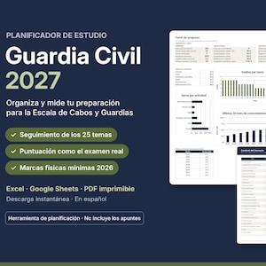 Puede incluir: Un planificador de estudio digital para el examen de la Guardia Civil 2027, con fondo azul oscuro, texto blanco, gráficos de progreso y tablas. Incluye seguimiento de 25 temas, marcas físicas y simulaciones de examen en formatos Excel, Google Sheets y PDF.