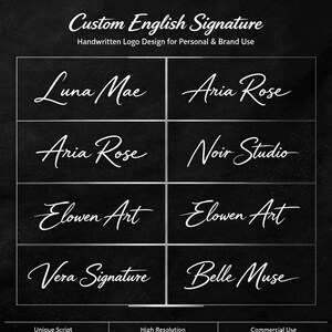 Könnte beinhalten: Eine schwarze Grafikdarstellung mit weißen handschriftlichen Skript-Logos mit dem Text Custom English Signature, Handwritten Logo Design for Personal & Brand Use, Luna Mae, Aria Rose, Noir Studio, Elowen Art, Vera Signature und Belle Muse.