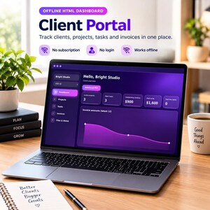 Digital Planner HTML Dashboard, Client Portal & Offline Invoice Tracker for Freelancers, Notion Style Daily Productivity Tool