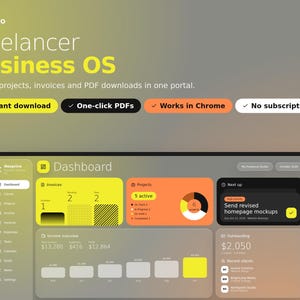 May include: A digital dashboard interface titled Nexprivo Freelancer Business OS, featuring sections for invoices, projects, and income overview. The layout includes buttons for instant download, one-click PDFs, works in Chrome, and no subscription.