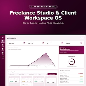 May include: A digital dashboard interface titled Freelance Studio & Client Workspace OS. The screen displays financial metrics, a project pipeline, a growth chart, and deadline reminders in a purple and white color scheme with clear text.