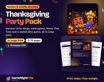 Thanksgiving Games for Seniors Printable PDF, Large Print Thanksgiving Trivia, Bingo, Word Search, Dice Game, Activity Director Pack