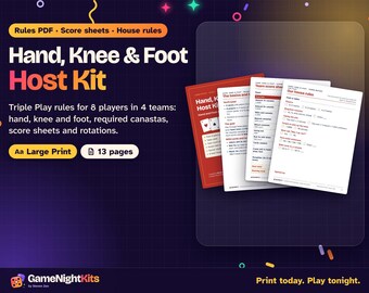 Hand Knee and Foot Card Game Rules Printable PDF, Triple Play Canasta Score Sheet, House Rules, Rotation, Large Print Host Kit