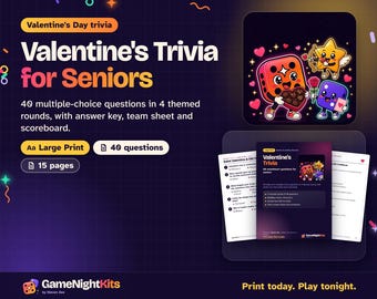 Valentines Day Trivia for Seniors Printable PDF, 40 Large Print Multiple Choice Questions with Answers, Love Trivia, Activity Director