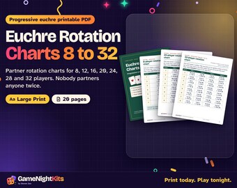 Progressive Euchre Rotation Charts Printable PDF, 8 12 16 20 24 28 32 Players, Partner Rotation, Tally Cards, Table Numbers