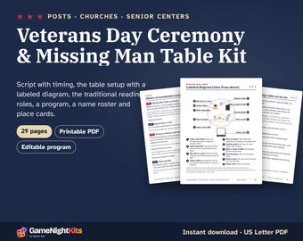 Veterans Day Ceremony Script and Missing Man Table Kit, POW MIA Table Setup Diagram, Veterans Day Program Template, Church, Senior Center