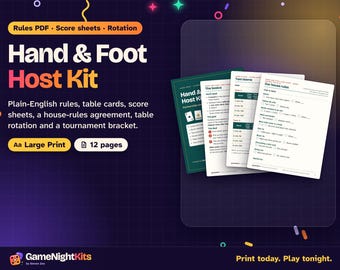 Hand and Foot Rules Printable PDF, Card Game Score Sheet, Partner Rotation, Tournament Bracket, House Rules, Large Print Host Kit