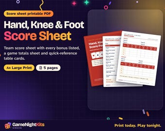 Hand Knee and Foot Score Sheet Printable PDF, Triple Play Card Game Score Card for 4 Teams, Quick Reference, Large Print