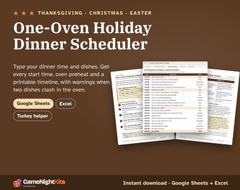 Thanksgiving Dinner Planner Spreadsheet, One Oven Cooking Schedule, Holiday Dinner Timeline, Google Sheets Excel Template, Turkey Timer