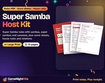 Super Samba Canasta Rules Printable PDF, Super Samba Score Sheet, House Rules, Partner Rotation, Large Print Card Game Host Kit
