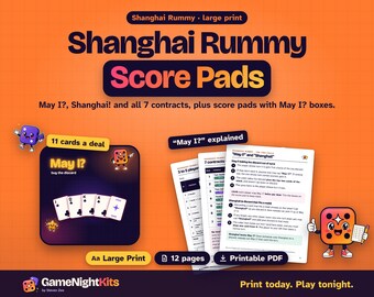 Shanghai Rummy Score Sheets Printable, May I Rules, 7 Contracts Cheat Sheet, Contract Rummy Score Pad for 3 to 5 Players, Large Print