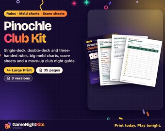 Printable Pinochle Rules and Meld Chart PDF, Single Deck, Double Deck, Three Handed, Score Sheets, Card Club Kit, Large Print