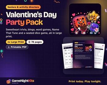 Valentines Day Games for Seniors Printable PDF, Large Print Valentine Trivia, Bingo, Word Search, Dice Game, Activity Director Party Pack