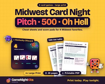 Pitch Card Game Score Sheets, 500 Card Game Bid Table, Oh Hell Score Pad, Kentucky Discard Rules, Printable Card Game Bundle, Large Print