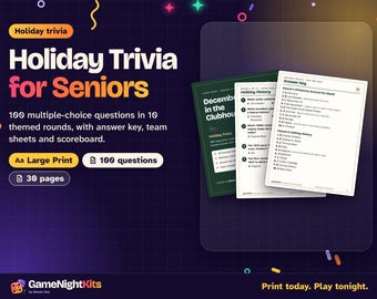 Christmas Trivia for Seniors Printable PDF, 100 Multiple Choice Holiday Trivia Questions with Answers, Large Print Activity Director Game
