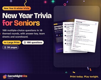 Printable New Year Trivia for Seniors PDF, 100 Multiple Choice Winter Trivia Questions with Answers, Large Print Activity Director Game