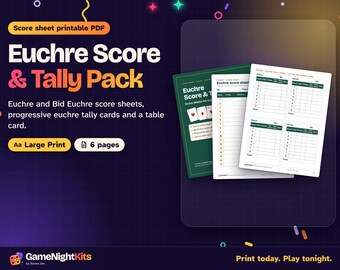 Euchre Score Card Printable PDF, Euchre and Bid Euchre Score Sheets, Progressive Euchre Tally Cards, Table Card, Large Print